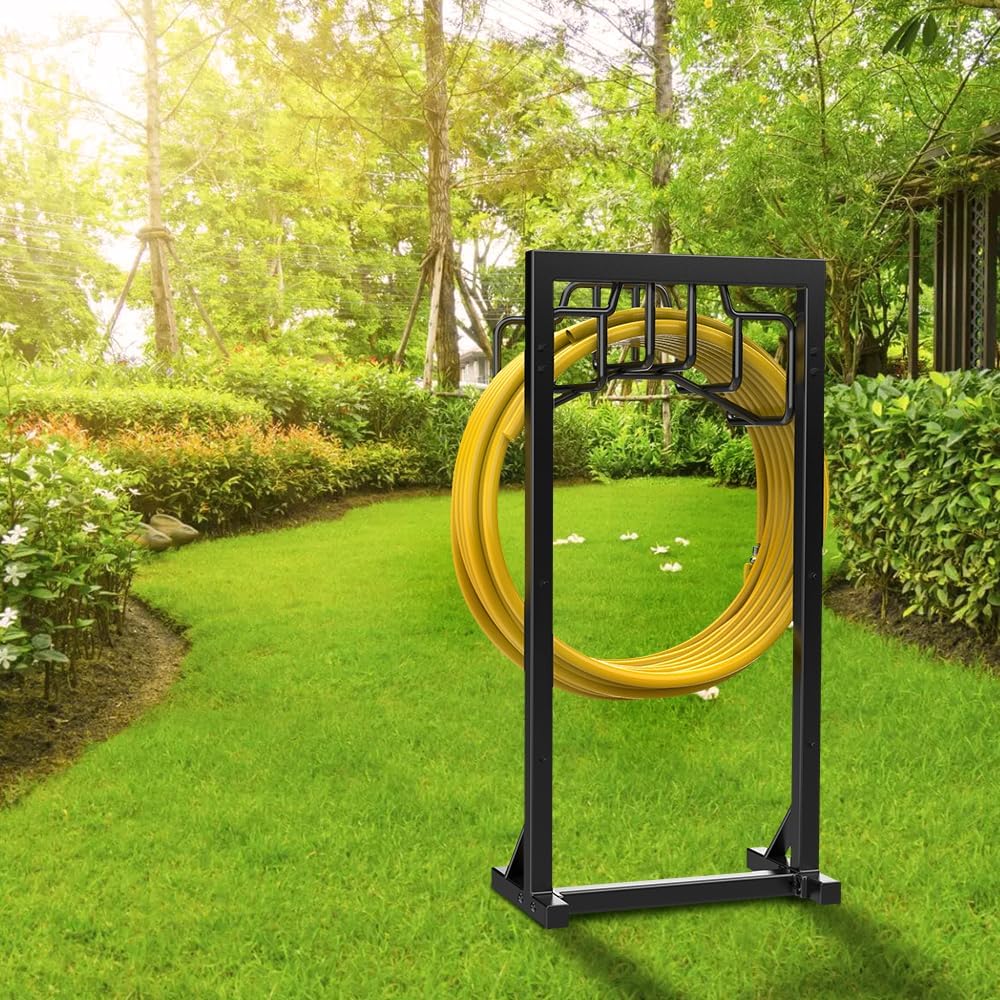 Bomclap Support de tuyau d'arrosage de 117 cm, autonome, amovible, en métal, avec panier de rangement, noir
