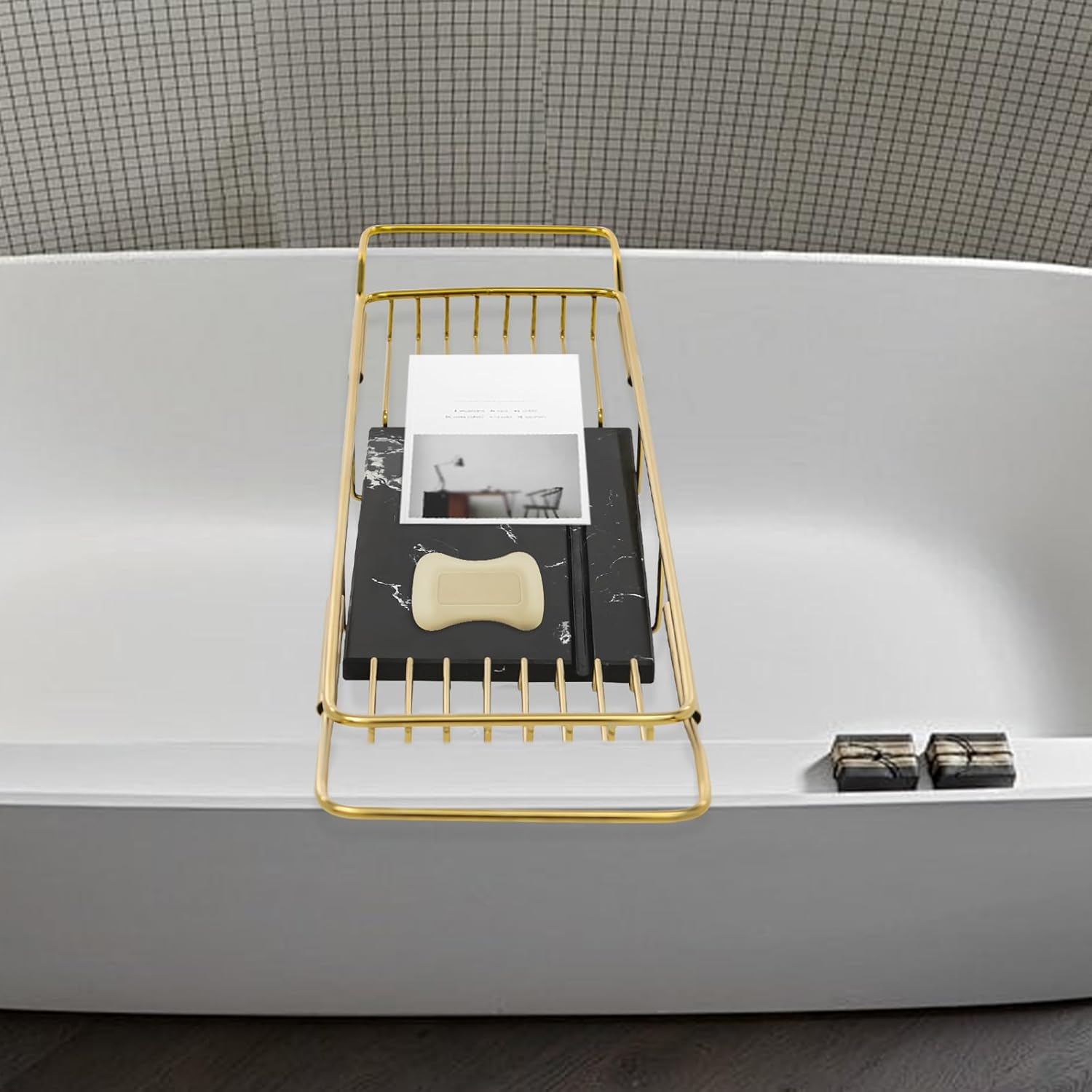 Stainless Steel Bathtub Tray, Expandable Marble Bath Tray for Tub, 44.09 lbs Capacity Bath Caddy for Bathtub Bathroom Accessories for Home Spa (Gold + Black)