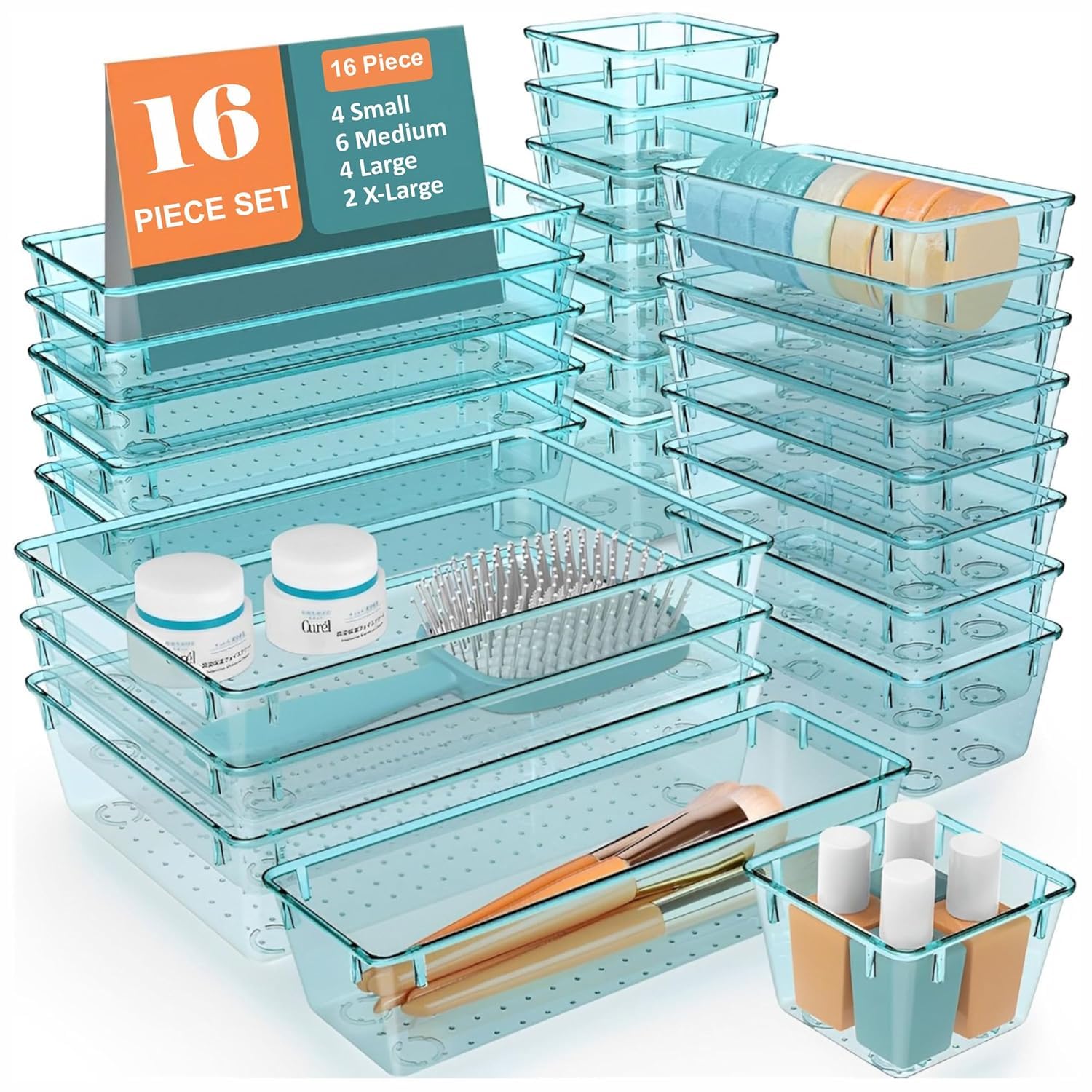 JD FRESH Polypropylene Set of 16 Drawer Organiser/Unbreakable Drawer Organizers/Dressing Table Organizer/Multi-Purpose Storage Boxes/Drawer Divider Tray for Kitchen/Bedroom/Office - (Sea-Blue)