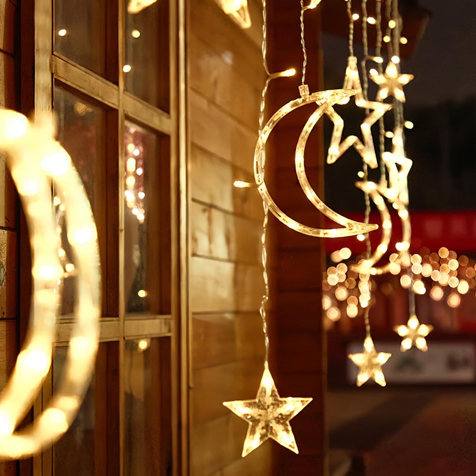 Rideaux lumineux décoratifs lune et étoiles, 3,5 m pour chambre à coucher, Noël, décoration du Ramadan, lumière LED scintillante, fonctionne avec piles ou prise USB (jaune chaud + télécommande)