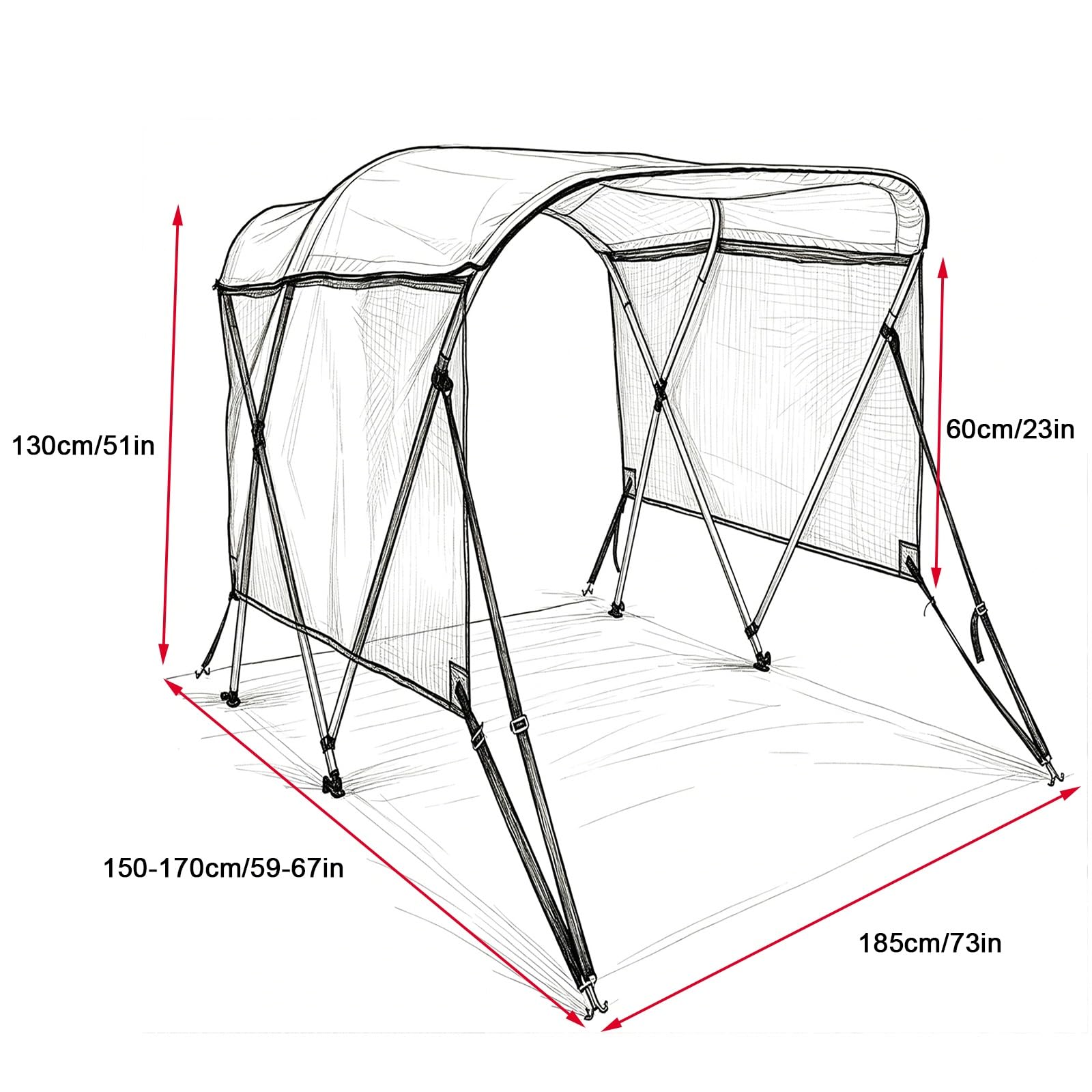 Tendalino Barca 3 Archi, Tendalino Bimini per Imbarcazione, Struttura in Alluminio, Pannelli Laterali Parasole, Tessuto Oxford 900D, 2 Pali di Supporto, 2 Cinghie(Beige,150-170cm/59-67in)