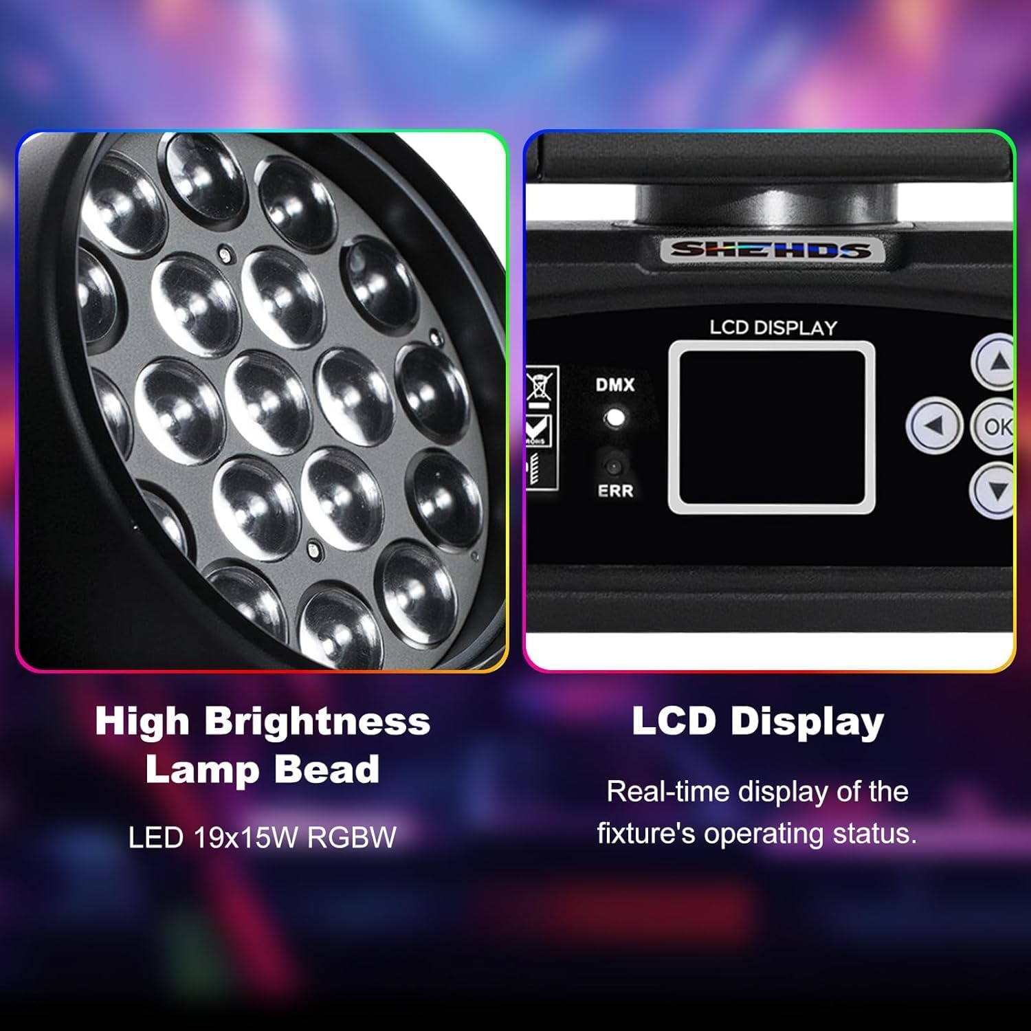 Luces de Disco de Cabeza en Movimiento de 19x15w, LED RGBW DJ Luces de Escenario con Control de Voz, Soporte DMX512,4in1 Luces de Etapa del Efecto de viga/Lavado, para Fiesta Escolar, Concierto 1