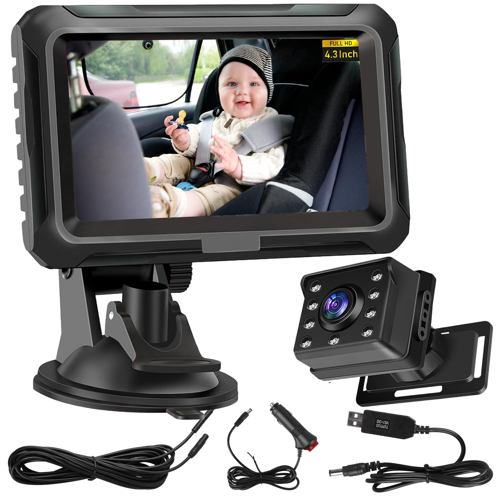 Cámara de coche HD 1080p, espejo de coche para bebé con pantalla de 4,3", visión nocturna HD y ángulo de visión de 150°, fácil instalación