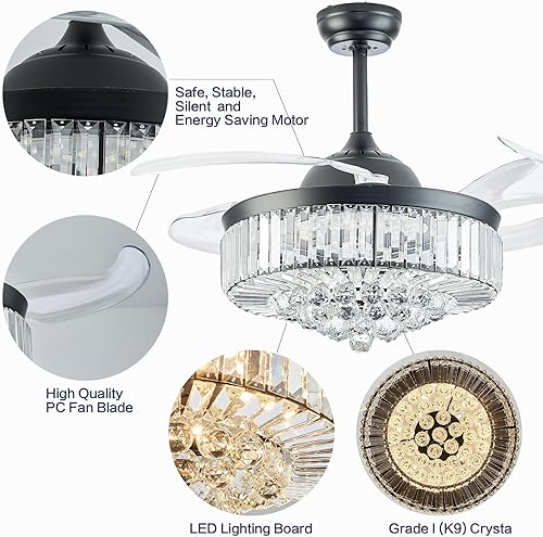 Miniatura 3 de DuMaiWay Ventilador de techo de cristal regulable de 42 pulgadas con luces y control remoto, aspas retráctiles, ventilador de techo para sala de