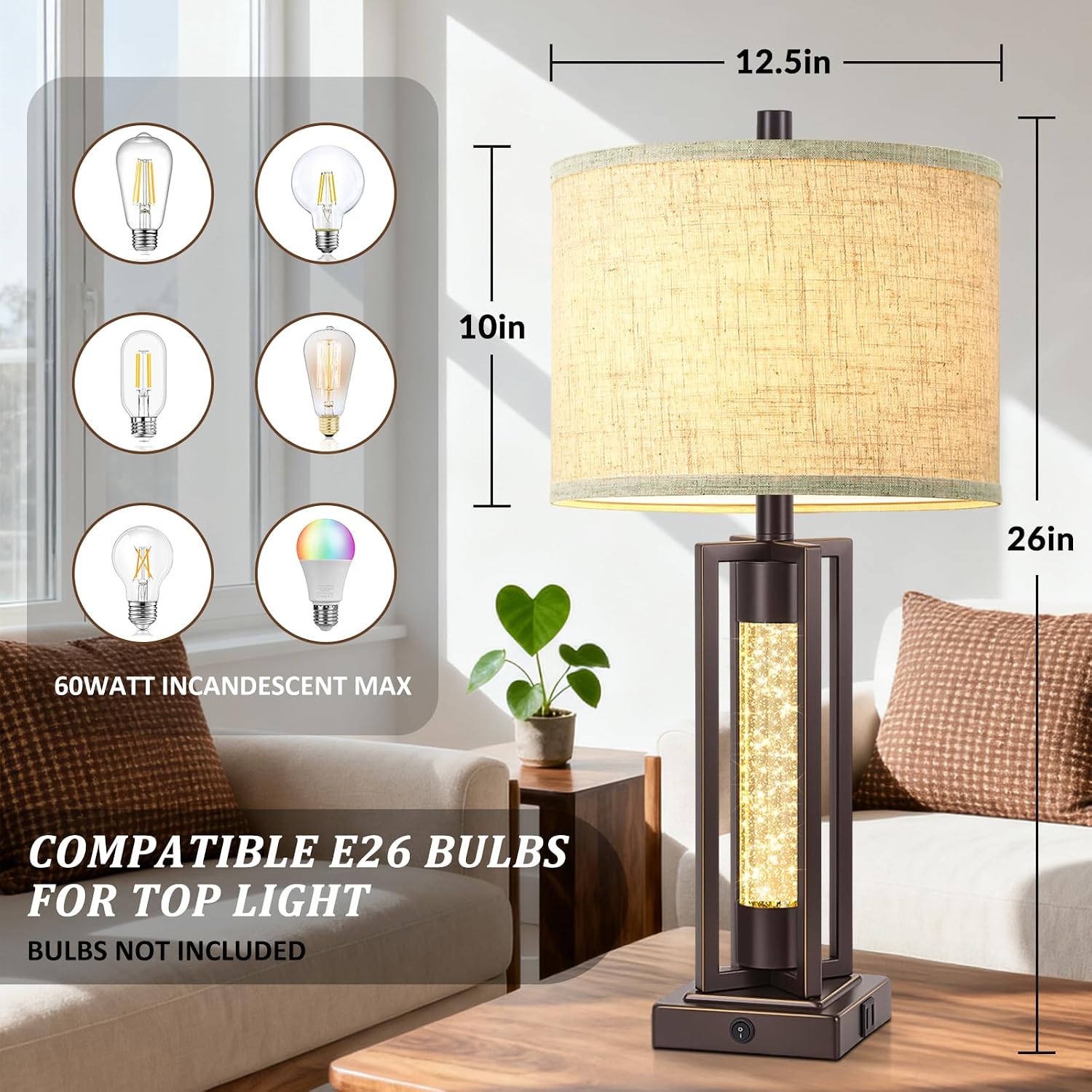 TOBUSA 26’’ Vintage Table Lamps for Living Room Set of 2, Farmhouse Lamps for Bedroom with 2 USB Ports and Crystal Night Light, Rustic Bedside Lamps with Linen Shade for Night Stands End Table, Brown