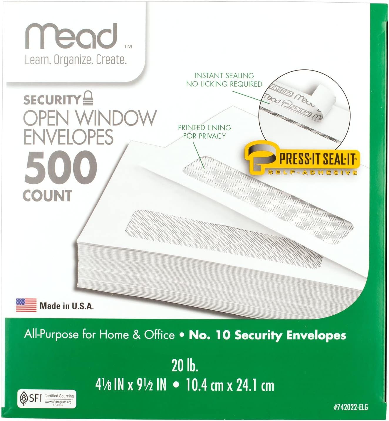 Mead #10 Envelopes, Letter Size, 4-1/8" x 9-1/2", Security Printed Lining for Privacy, Press-It Seal-It Self Adhesive Closure, Left Viewing Window Mailing Envelopes, 500 Count (742022)