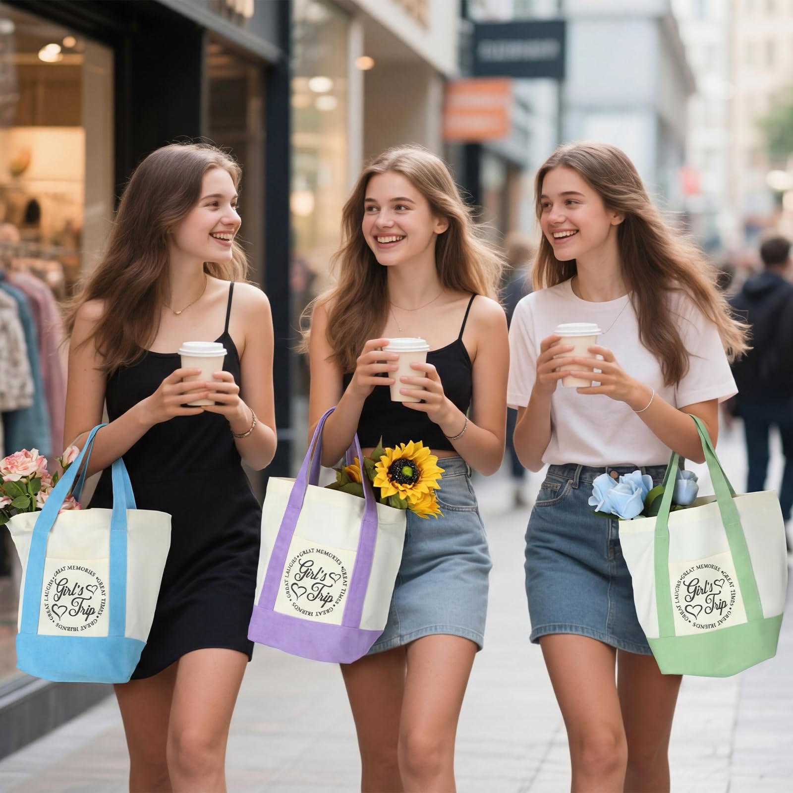 Sadnyy 6 Pcs Girls Trip Gifts for Women Girls Weekend Trip Gifts Mini Canvas Tote Bags Cosmetic Pouch Favors 13" x 11" x 6"