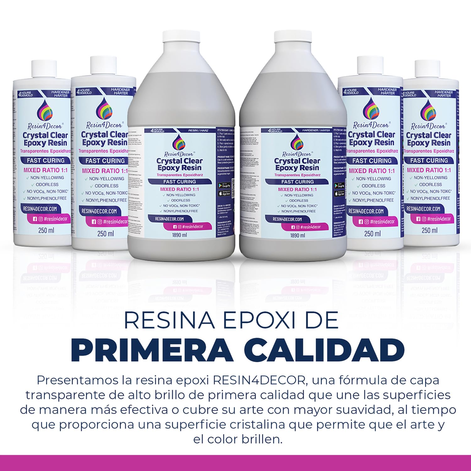 Resina Epoxi Transparente de Curado Rápido (4h desmoldado) RESIN4DECOR 1:1 Resina y Endurecedor Para Manualidades Fabricación de Joyas No Amarillea Acabado de Alto Brillo Resistente al Calor - 3780ml