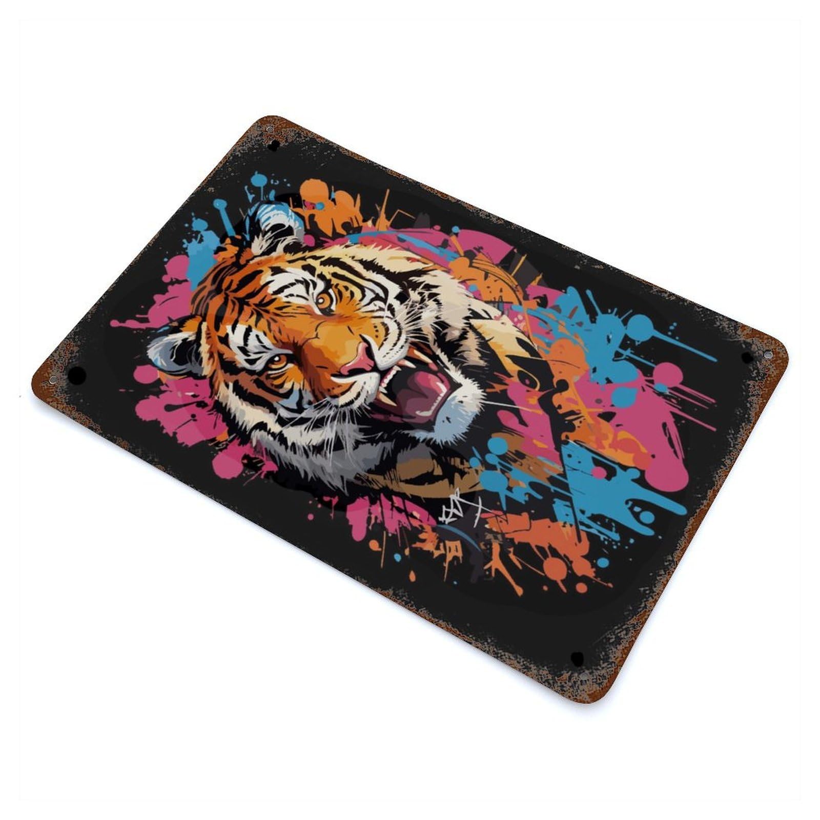 Aged Metal Wall Plaque with Tiger Head Graffiti Style Design 11.8"x7.9", for Basement, Hobby Room And Garage Decor, Farmhouse Wall Decor