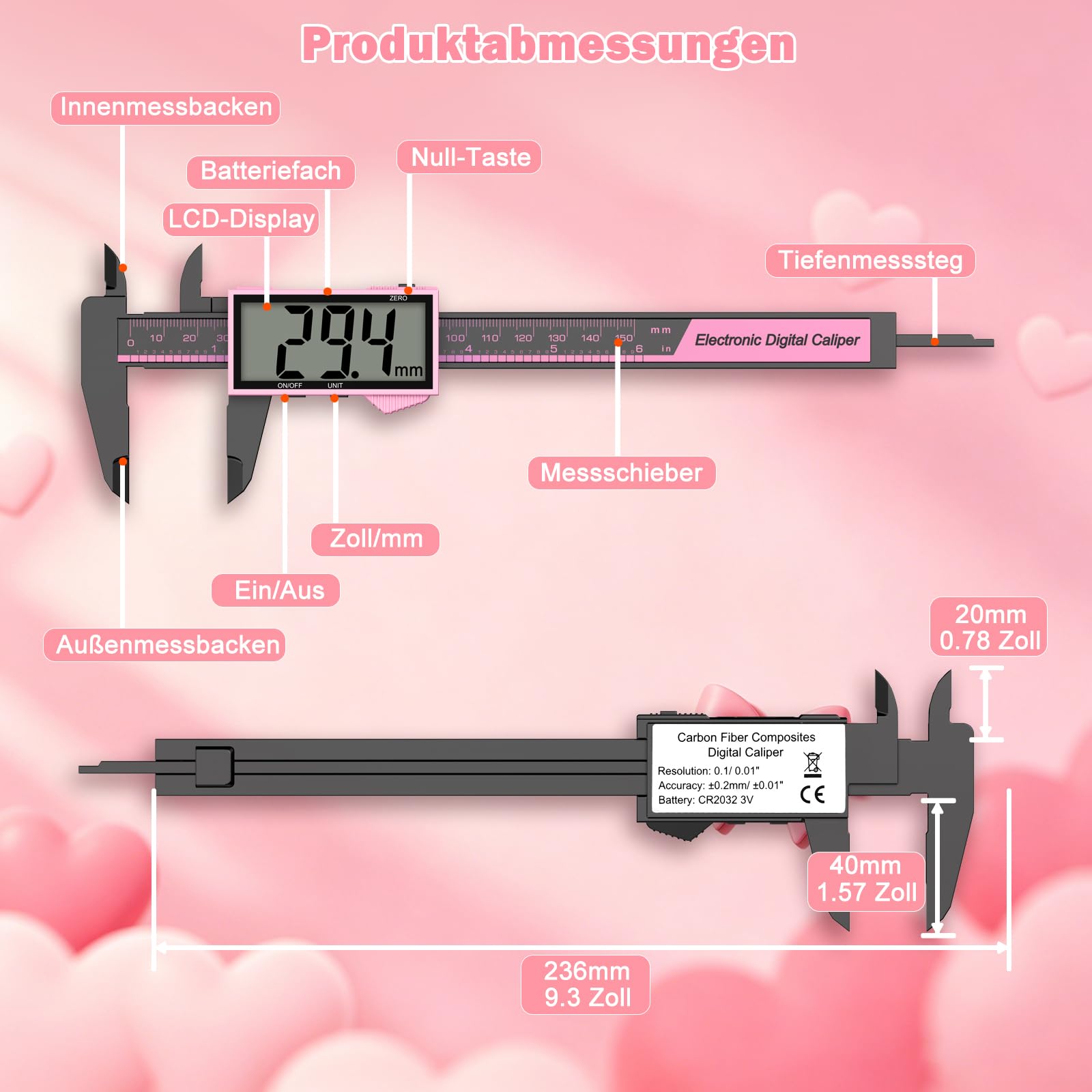 Messschieber Digital, 150 mm/6" Schieblehre Messlehre mit LCD-Display, Zoll/Metrisch Konvertierung, Auto-Off, für Außendurchmesser, Innendurchmesser und Tiefe zu Messen (Rosa-Schwarz)