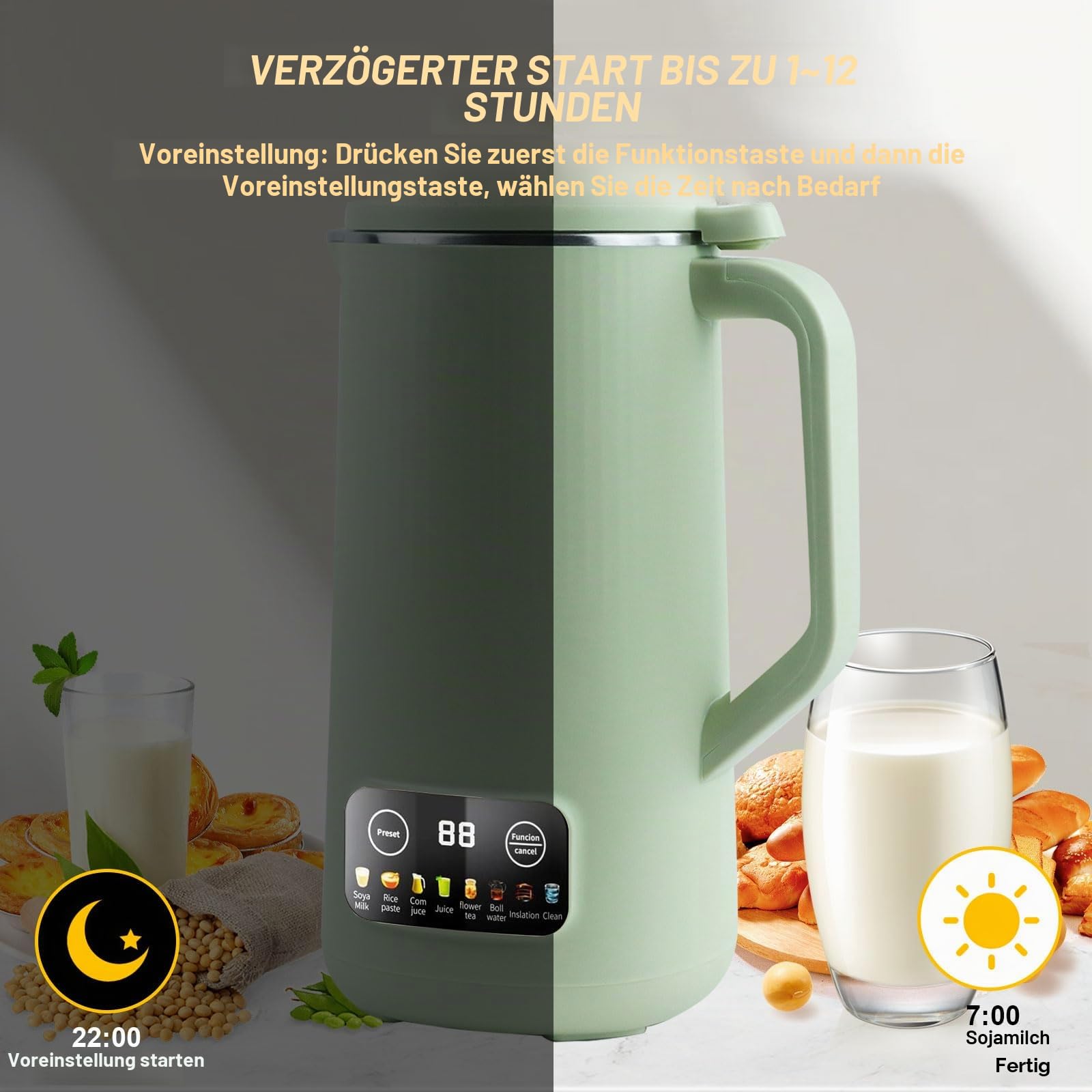 Sojamilch Hersteller, 600ml Nussmilchmaschine Entsafter Sojamilch Maschine mit 10 Klingen Hafermilch Maschine mit Verzögerungsstart/Warmhalten/Selbstreinigung für Nüsse Sojabohnen Getreide (Grün)