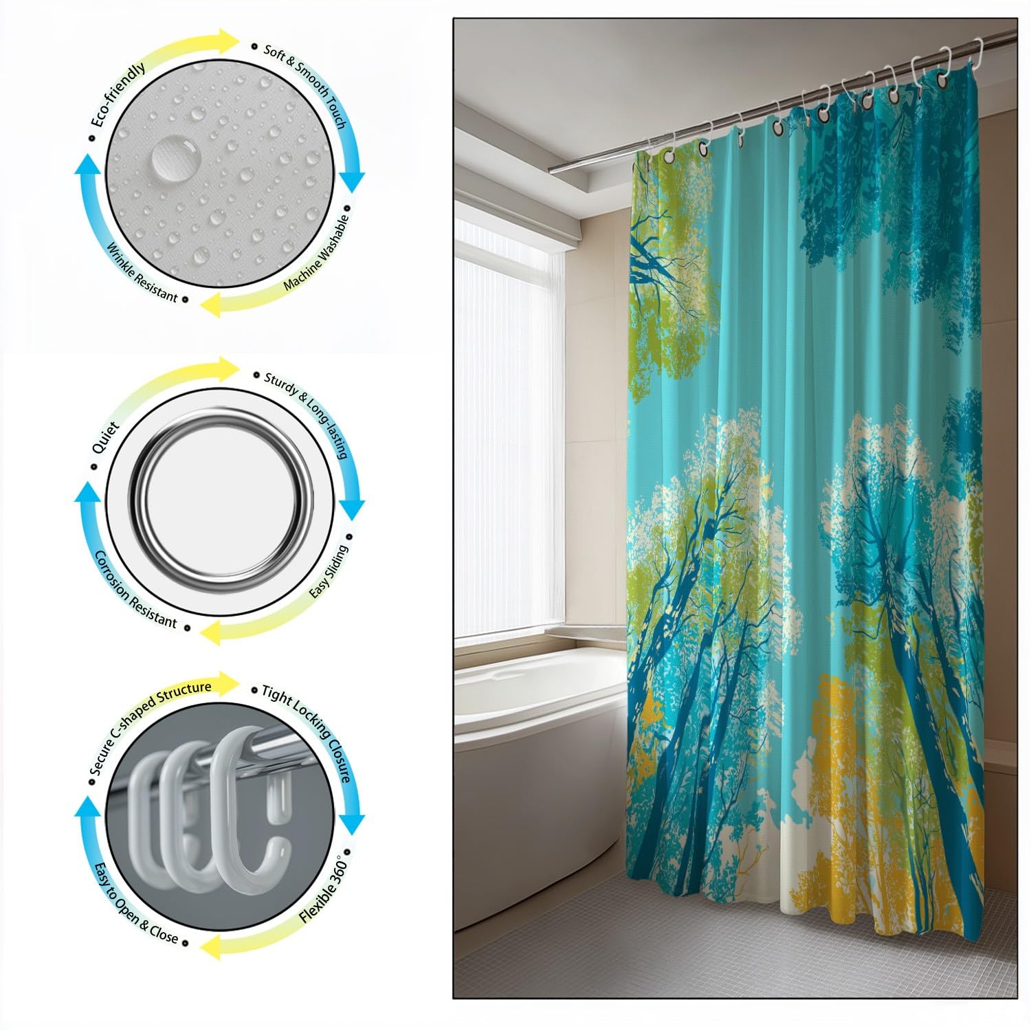 Generico Fantasia Tenda Da Doccia Natura Arte Alberi Blu Verde, Tenda Da Doccia Per Bagno, Vasca Da Bagno, Tenda In Poliestere Impermeabile Con Ganci In Plastica, 180 x 200 cm