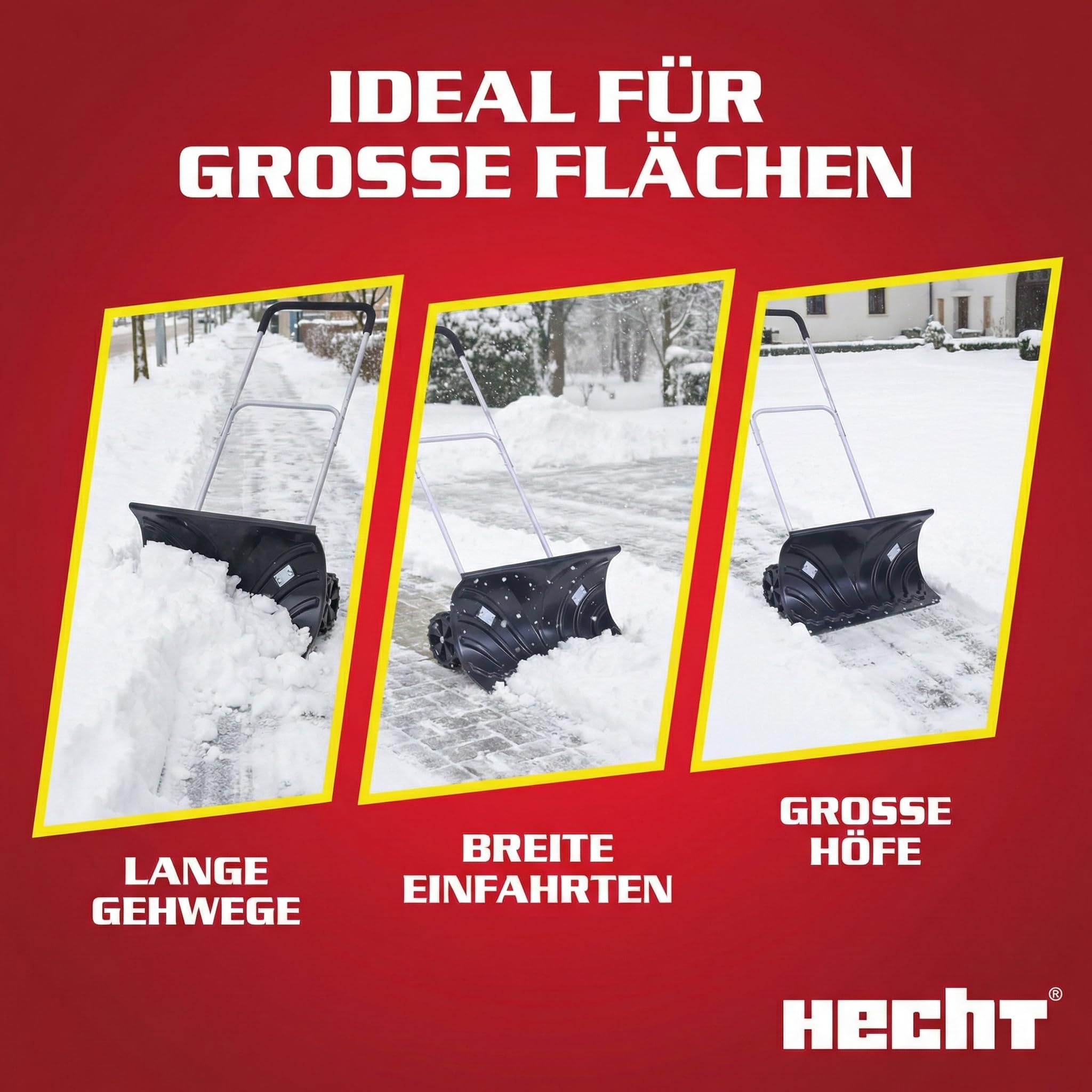 HECHT Großer Schneeschieber mit ergonomischem Stahlstiel – Schiebekante mit Stahlprofil – Schaufel im Winter perfekt – Profi Schneeschaufel mit Rädern jetzt günstig kaufen
