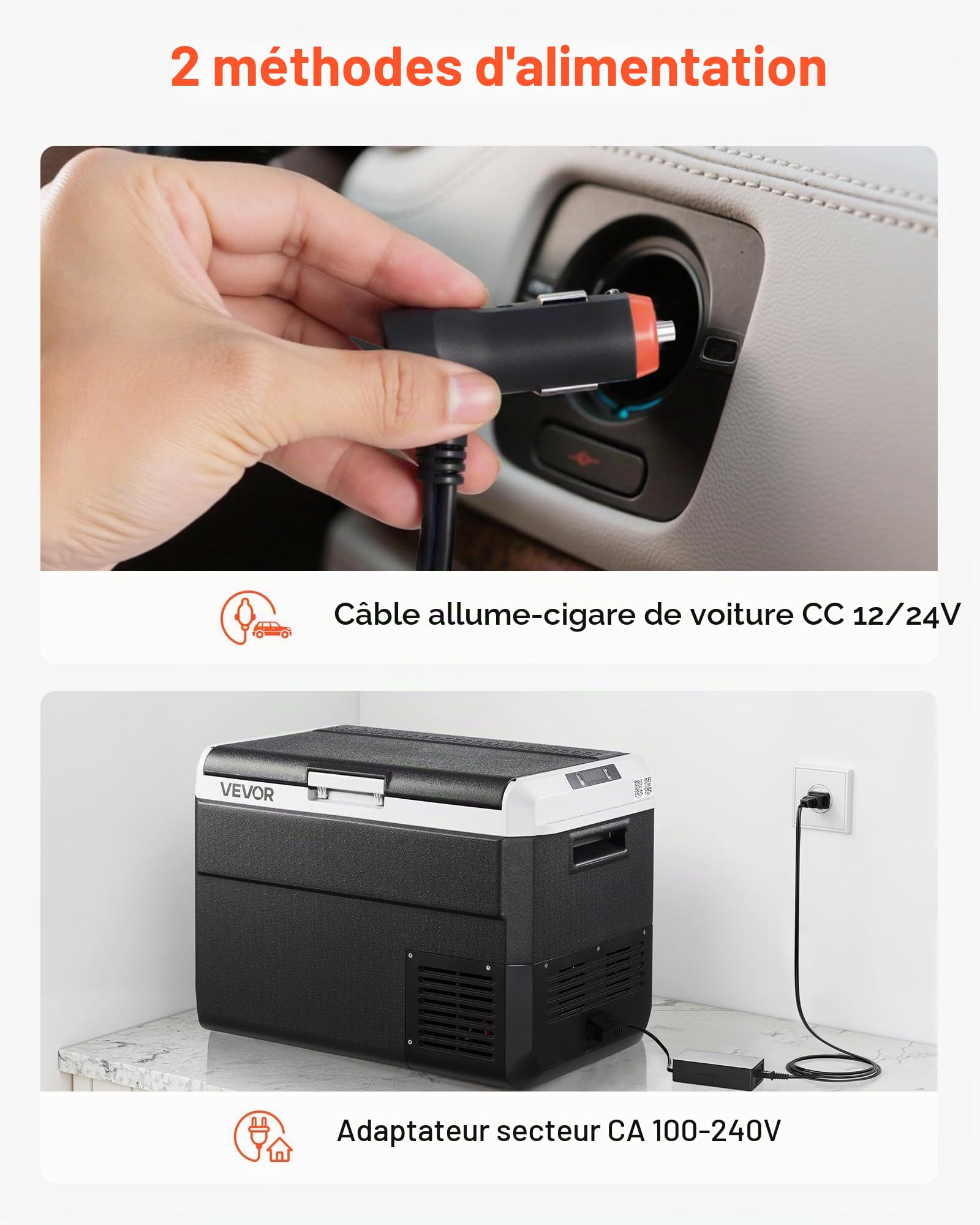 VEVOR Glacière Électrique 50 L, Réfrigérateur Portable Voiture et Maison 12/24 V CC et 100-240 V CA, pour Camping Voyage Plage Pêche, Mini Frigo à Compression, Température Réglable -20 °C à 20 °C