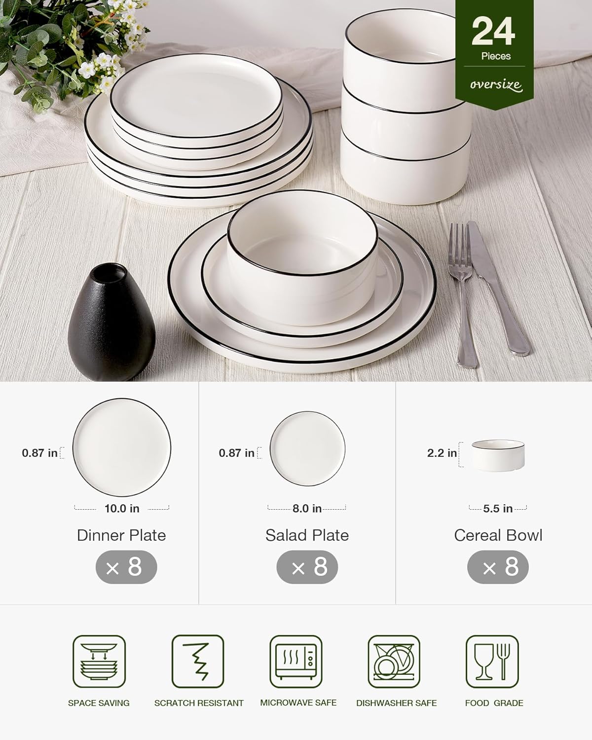 Famiware Porcelain Dinnerware Set, 24-Piece Modern Plate and Bowl Set, dish set for 8, Microwave and Dishwasher Safe Tableware, White with Black Trim - Image 2