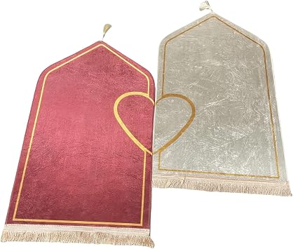 Couples Prayer Mats, 2 Pcs, Heart Pattern, 26.4 x 43.3 in Raschel Pile Rugs, Anti-Slip, Islamic Prayer Gift, Bedroom or Living Room