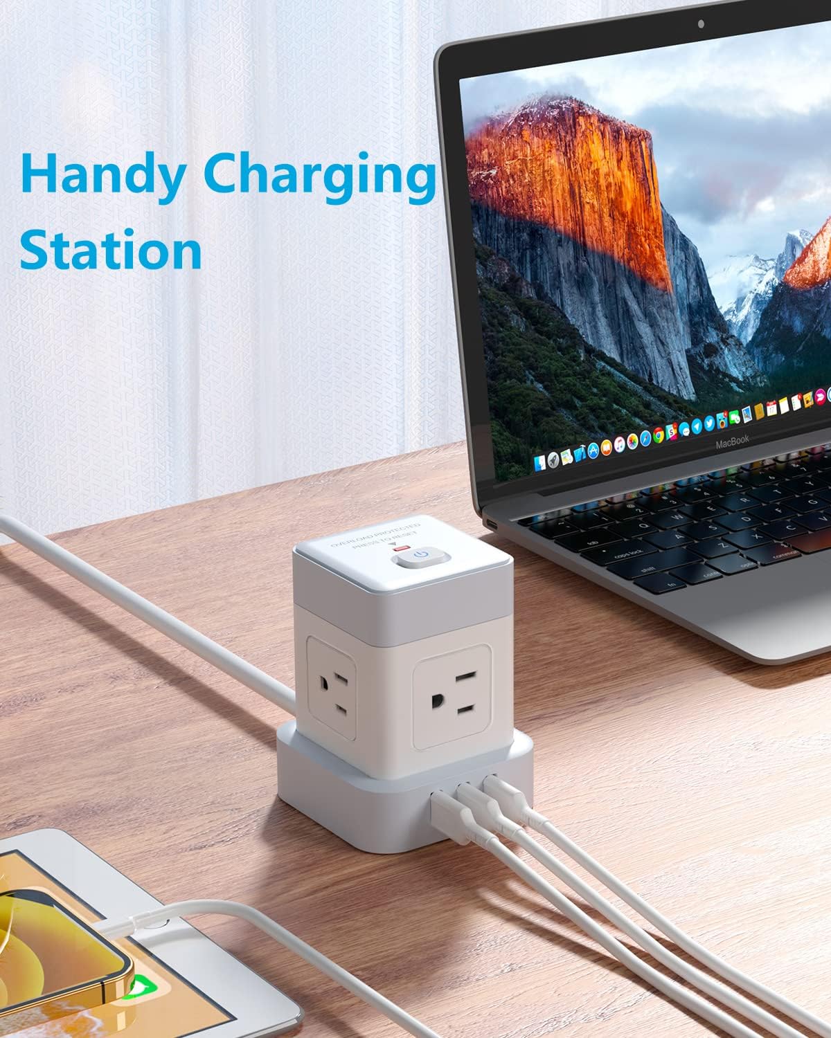 Baykul Power Strip with USB, 4 Outlet 3 USB Ports (3 USB-A) Power Strip Cube, 10 ft Extension Cord, Flat Plug Surge Protector, Kitchen, Home, Office, Travel, White