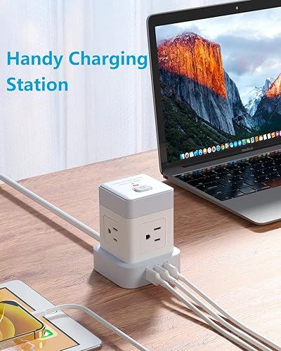 Miniatura 7 de Regleta de alimentación con USB baykul Flat Plug Extension Cord Cube con 4 tomacorrientes, 3 puertos USB, cable de alimentación de 5 pies, protector