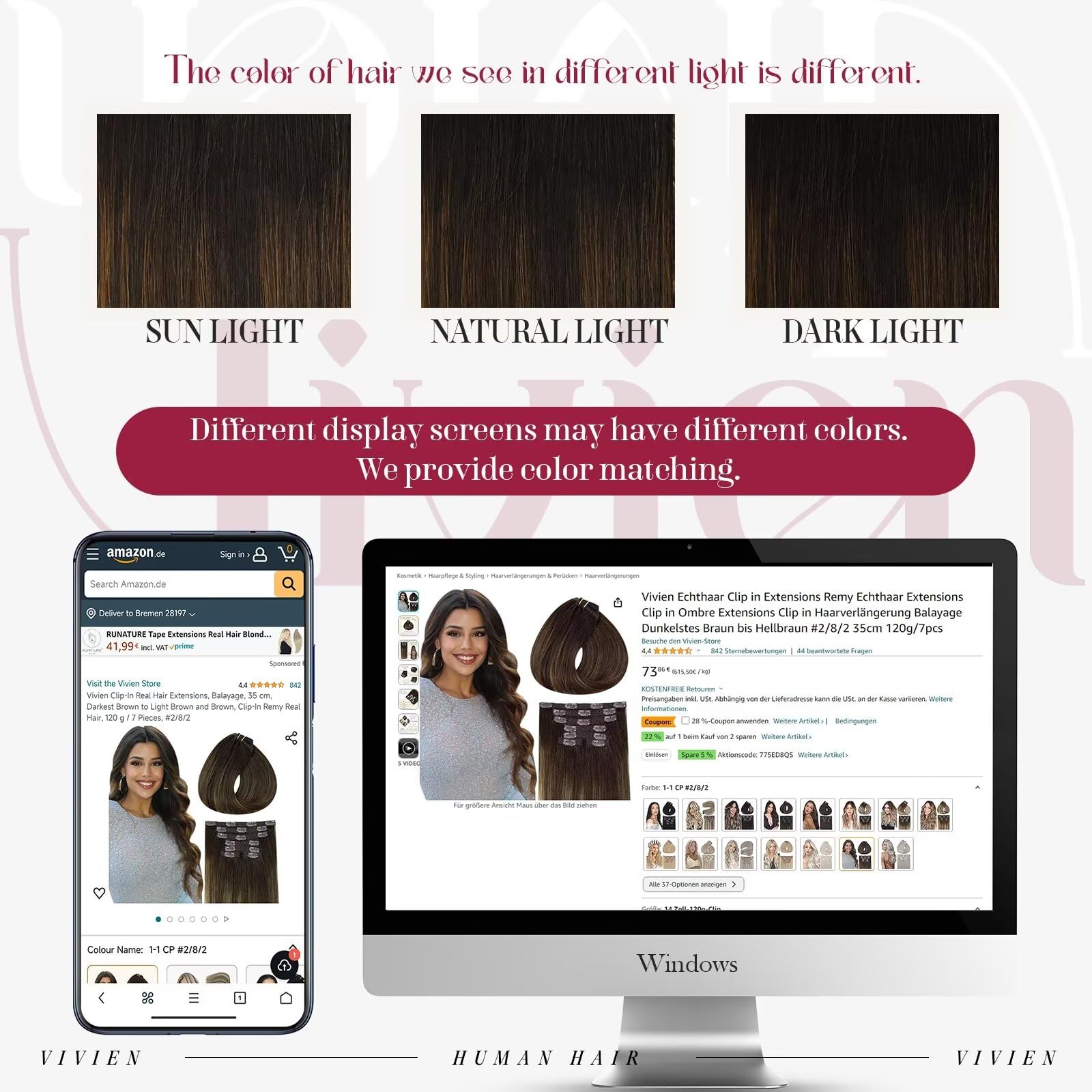 Vivien Brown Clip in Hair Extensions Darkest Brown to Light Brown Balayage Hair Extensions for Women Clip in Hair Extensions Human Hair 22 Inch 120g 7pcs #2/8/2 — view 5