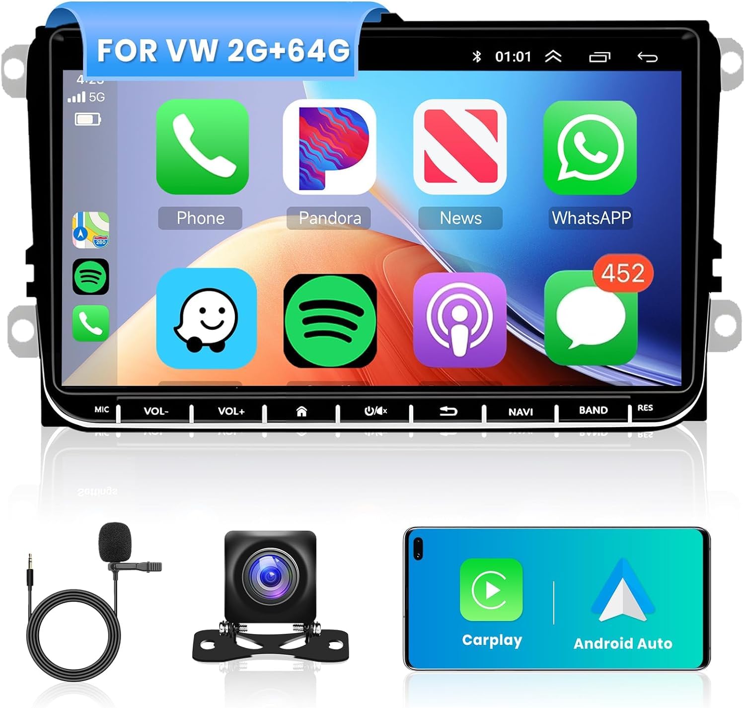 Autoradio Android 2 Din 7" Avec Carplay/Android Auto Sans Fil | 4Go RAM, 64Go, GPS, Wi-Fi, DSP, Caméra De Recul