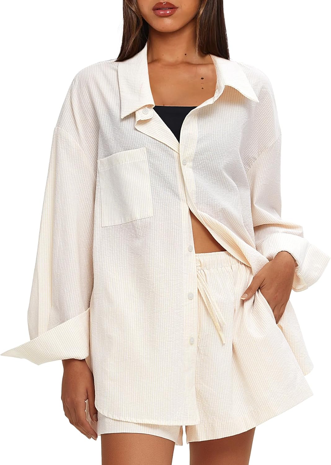 Darong Women's Summer 2 Piece Outfit Sets Long Sleeve Button Down Shirts Matching Short Sets Beach Vacation Lounge Set