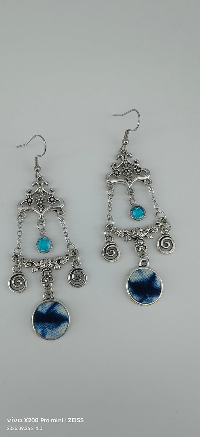 Vintage Palace Style Dangle Earrings, Antique Silver, Metal with Blue Tie-Dye Fabric Medallions, Spiral Charms, Handmade - Image 4