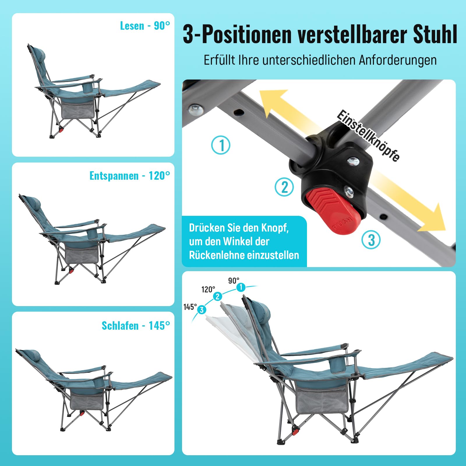 #WEJOY 2-in-1 Campingstuhl Faltbar mit Fußstütze, Gepolstert Liegestuhl mit Verstellbarer Rückenlehne, Relaxsessel Liege mit Getränkehalter, Liegestuhl für Outdoor Camping Cyan 2er Set