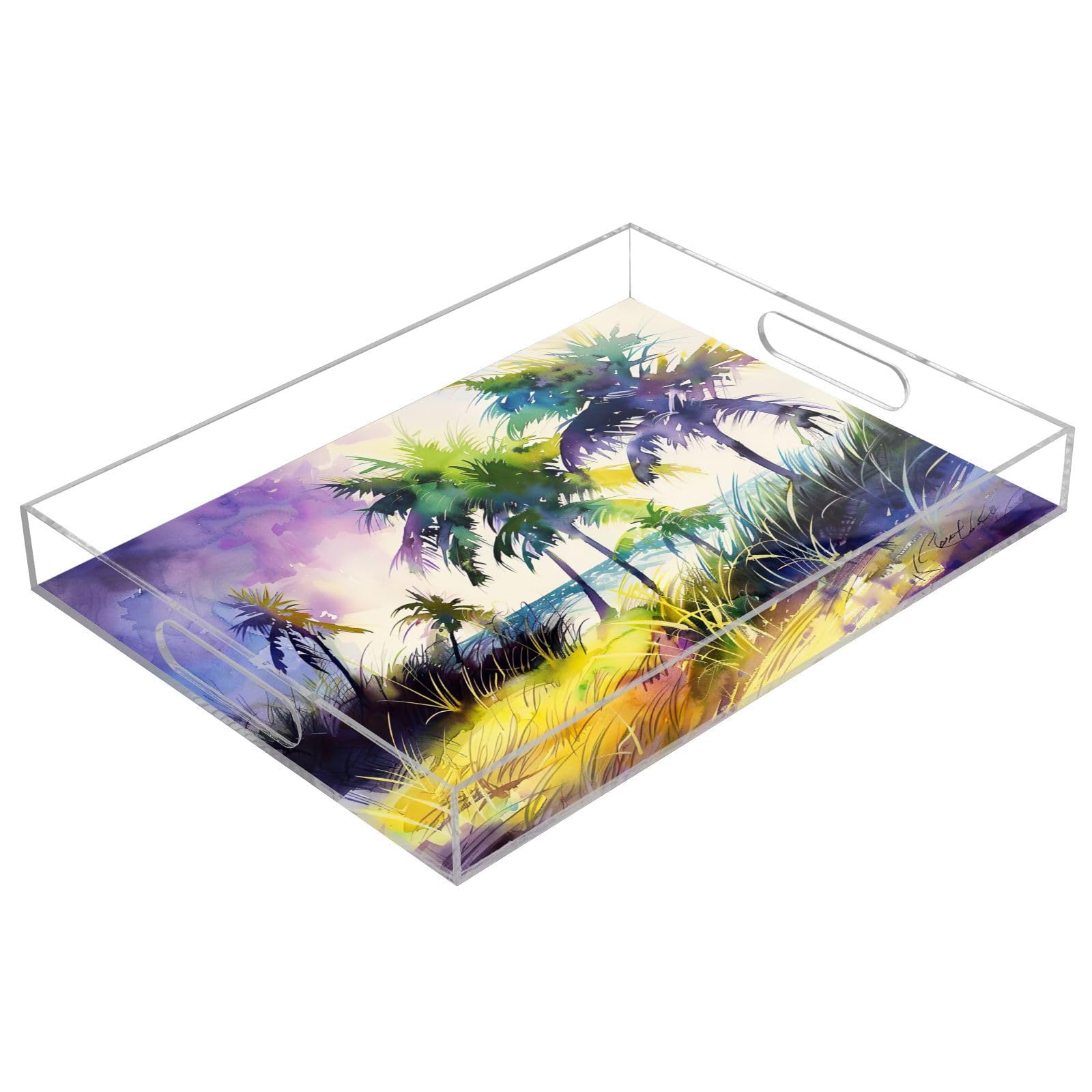 BOESI Watercolor Color Palm Tree Pattern Acrylic Decorative Dining Tray, Acrylic Decorative Tray Organizer with Handle for Kitchen, Dining Room, Bathroom, Dresser
