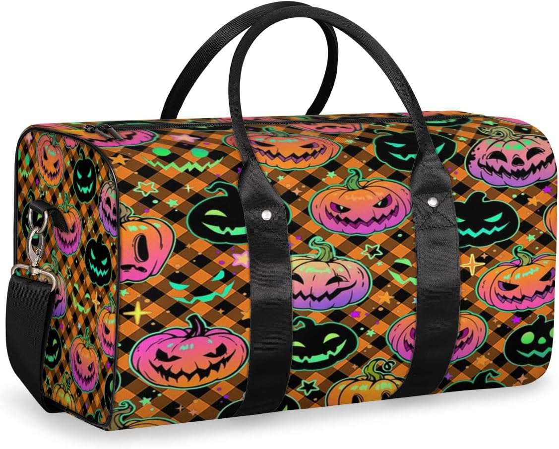 Plaid Pumpkin Halloween Travel Duffel Bag for Women Men Large Capacity Overnight Weekender Bags for Lightweight Waterproof Sport Gym Bag for Workout Yoga Swim