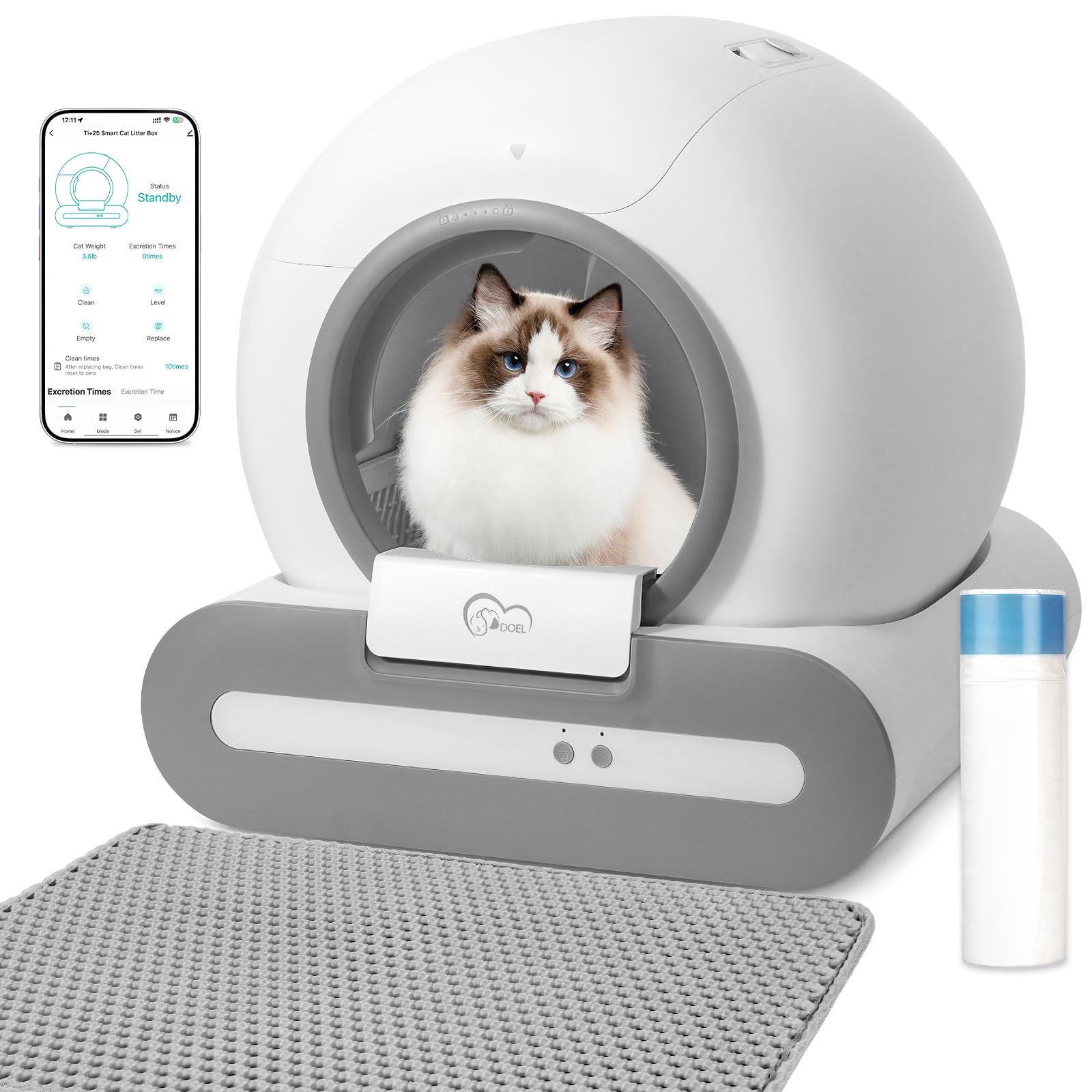 DOEL 2026 Upgrade Self Cleaning Cat Litter Tray Automatic Box 65L Large Capacity, Multiple Protections, APP Monitor Smart Cat Litter Box for Multiple Cats with Mat & 1 Roll Trash Bag
