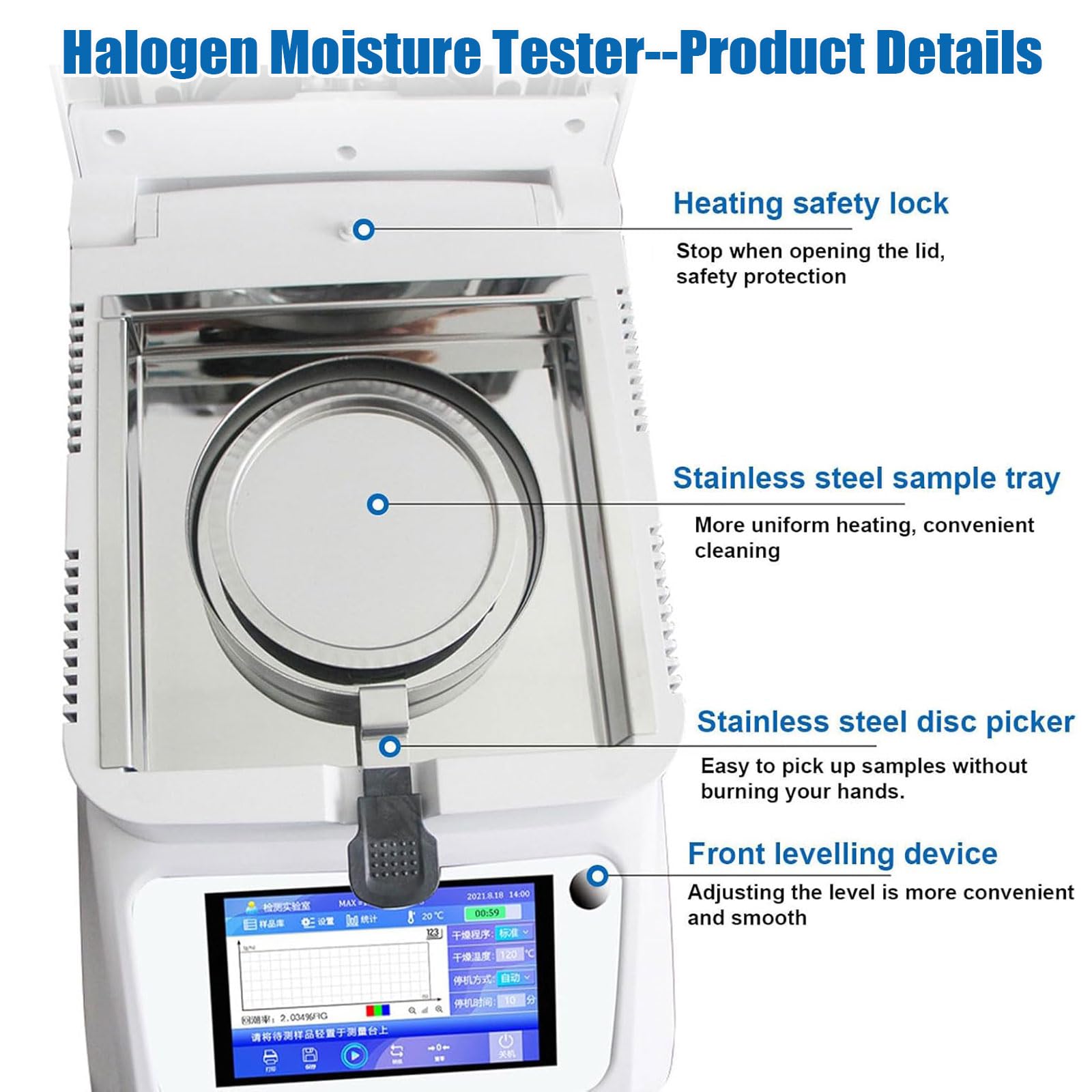 Dessiccateur, Analyseur D'humidité de Laboratoire à Chauffage Halogène, Capacité de 120 g, Humidité 0,01%, Lampe Halogène Annulaire de 450 W, pour Applications Agricoles et Industrielles