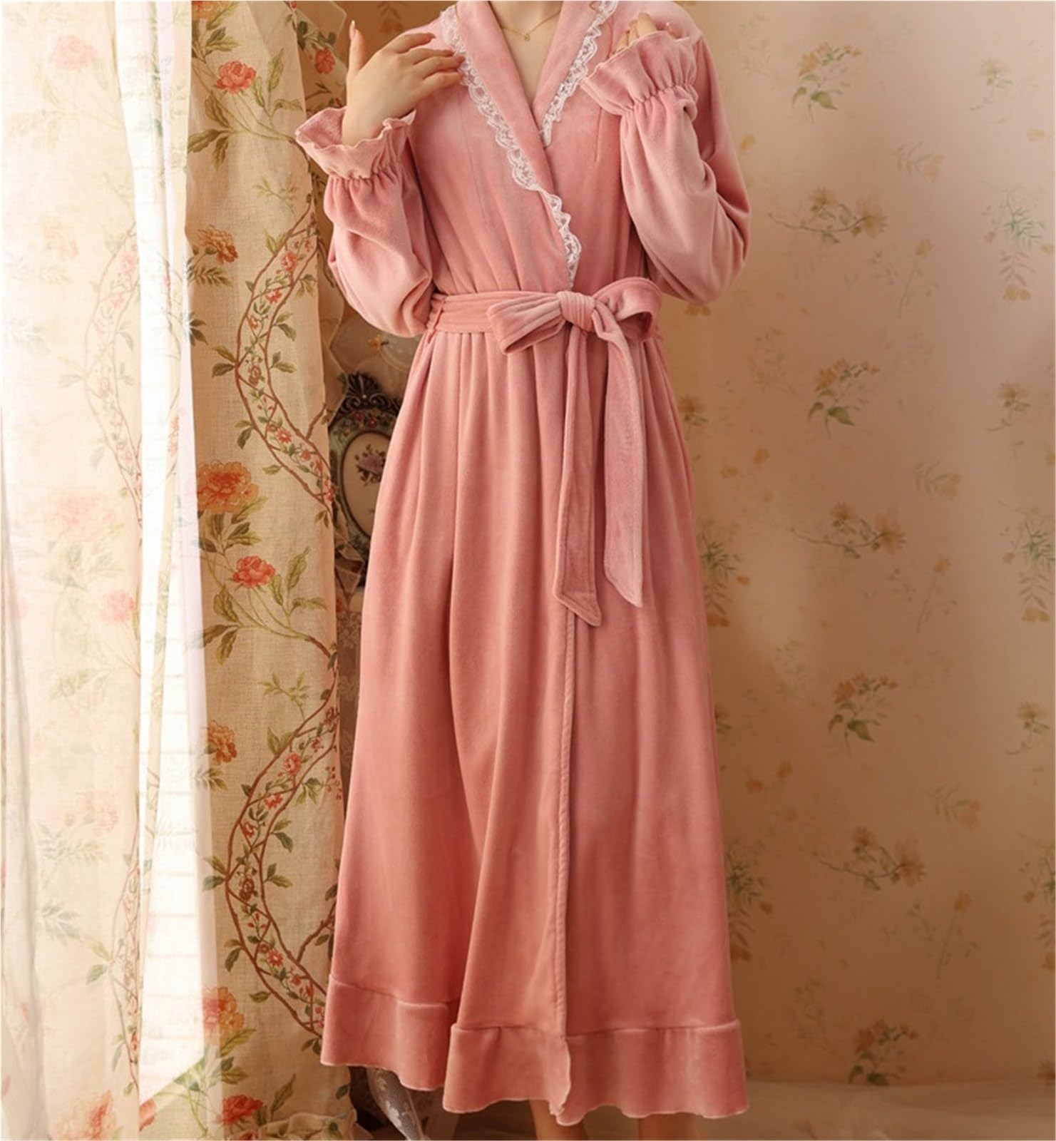 Albornoz Ducha Bata con Volantes For Mujer, Albornoz Largo Suave De Felpa, Lana Cálida, Camisón For Niñas Accappatoio para Viajes(Pink,Large)