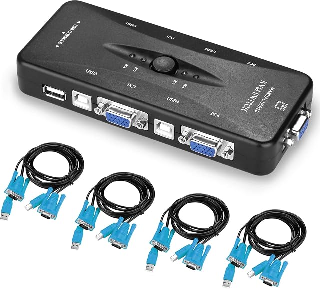 USB KVM VGA Switcher, AGPtEK 4 Ports USB 2.0 KVM Switch Box Adapter, One-Button Swapping, 4 VGA Cables included, Ideal for PCs, Keyboard, Mouse, Scanner, Printer & More