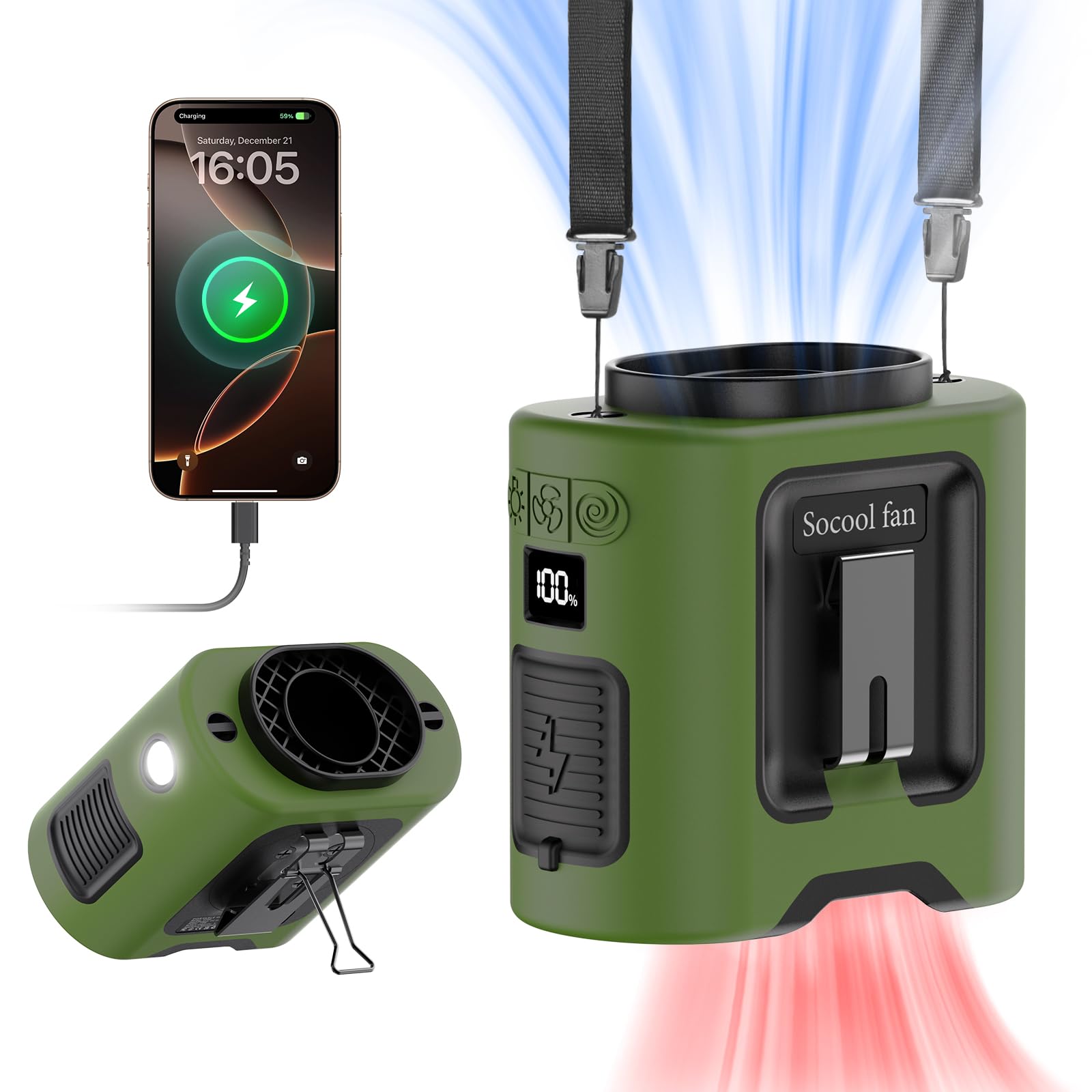 Socool 14500mAh Portable Waist Fan Clip on Belt 360 Rotation Wearable Rechargeable Personal Shirt Fan 67H Cooling 5-Speed
