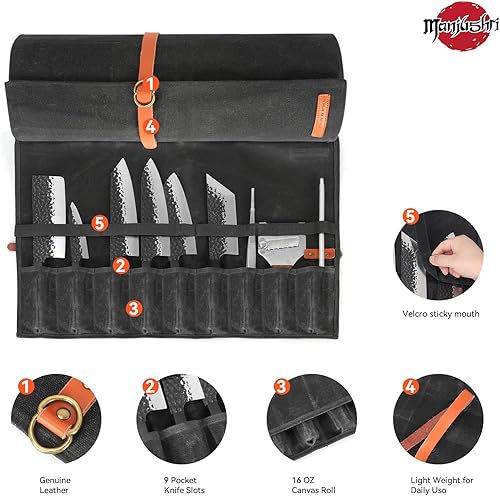 Miniatura 6 de Manjushri Cuchillo de chef con 9 bolsillos de lona con cinturón de cuero auténtico.