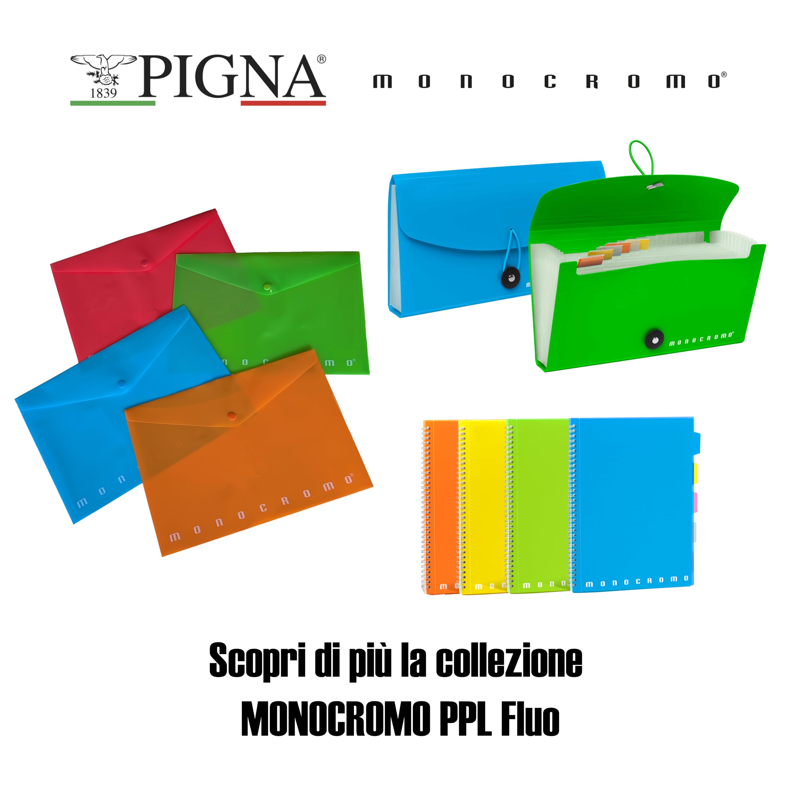 Pigna - Confezione 5 pezzi Quaderni A5 spiralati MONOCROMO FLUO PPL,quadretti 5mm