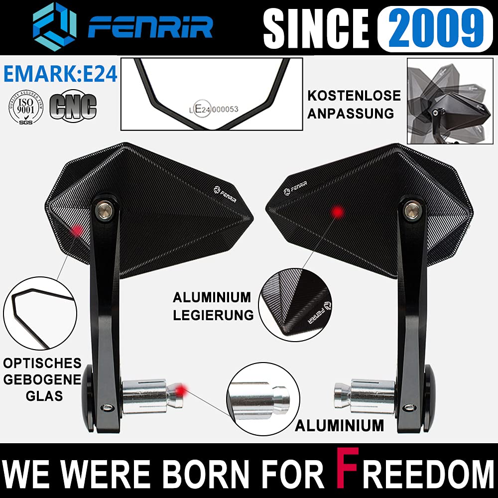 FENRIR E24 Lenkerendenspiegel Motorrad spiegel Seitenspiegel rückspiegel e geprüft Blendschutz schwarz CNC Zum Naked Bike Roller Supersport Z900 MT07 MT09 MT10 GSXS750 S1000R F900R R1250R CB500F CB750