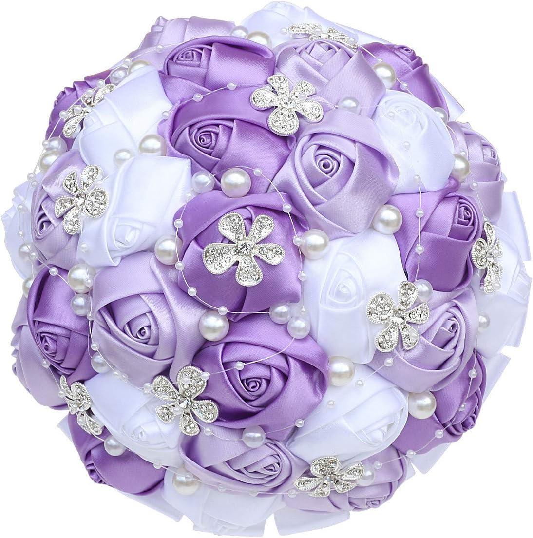 Yoanshop Handmade Wedding Bouquet Bridal Holding Bouquets Bride Bridesmaid Bouquet Wedding Decoration Silk Flowers with Rhinestone Decor (Light Purple White)