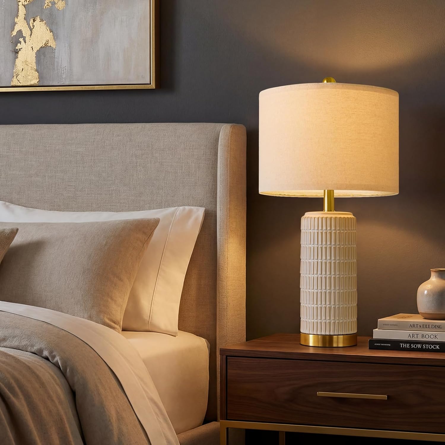 PoKat 25'' Modern Table Lamps Set of 2 for Living Room with Gold Base, White Farmhouse Bedside Lamps for Bedroom, Nightstand Lamps for Office End Table Hallway Home Decor Gift, Beige and White