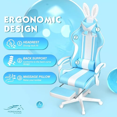 Miniatura 4 de Ferghana Blue Gaming Chair with Bunny Ear, Cute Massage Gaming Chairs for Adults & Teens, Office PC Gamer Chair with Footrest, Kawaii Computer Game