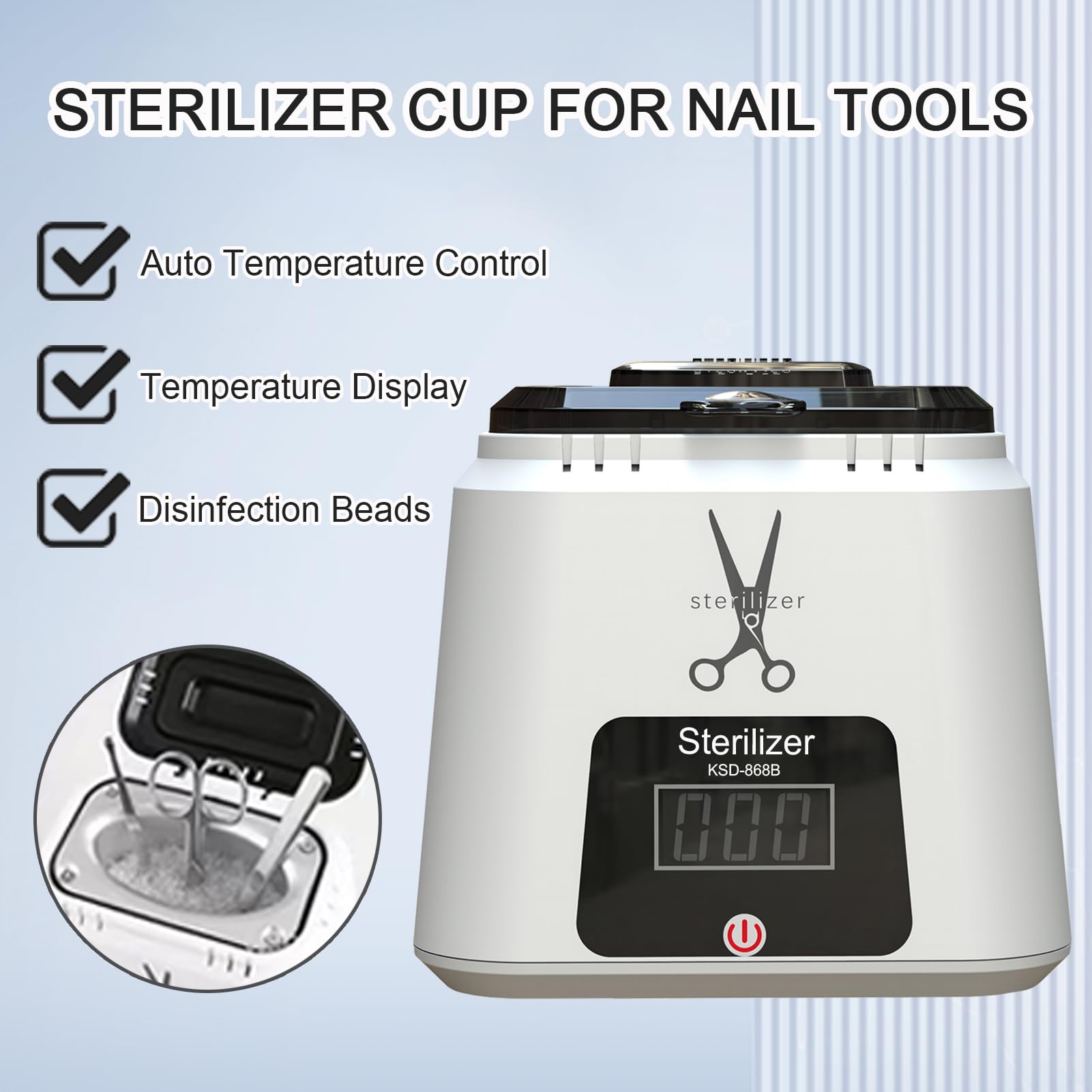 Esterilizador de herramientas para uñas de alta temperatura, portátil para herramientas de arte de uñas de metal, esterilizador de herramientas dentales con cuentas de vidrio, esterilizador
