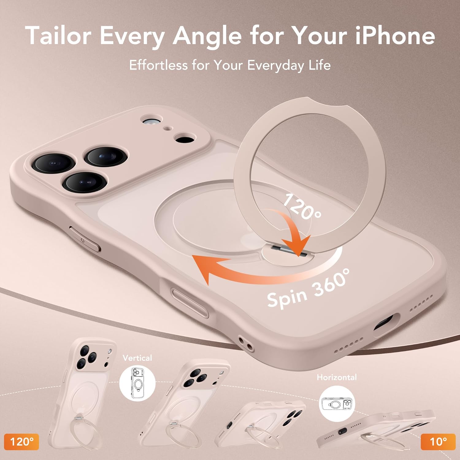 for iPhone 17 Pro Max Case for Women,[Compatible with Magsafe][360° Spin Magnetic Stand][Cute Wave Edge][Military-Grade Protection]Translucent Matte Phone Case for iPhone 17 Pro Max,Rose Gold