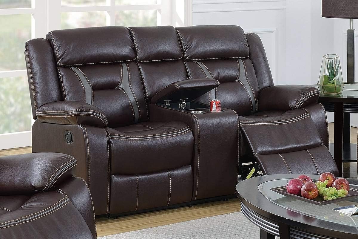 Loulé 2-Piece Motion Sofa with Cup Holder Console in Dark Brown Gel Leatherette