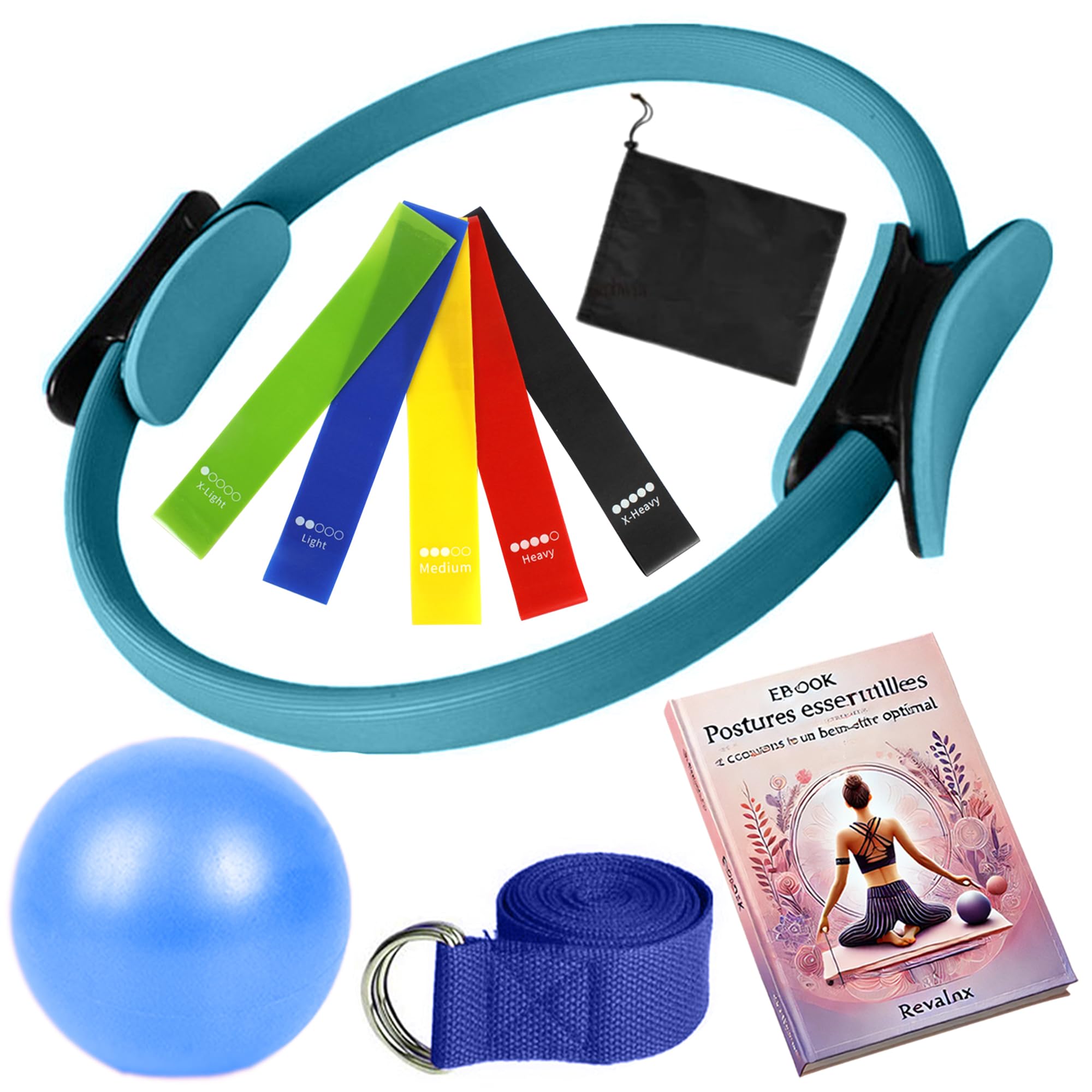 Círculo Pilates con Pelota y Bandas - Kit Yoga Fitness Completo para Muslos, Abdos, Piernas - Anillo de Tonificación Ligero y Portátil - Accesorio Pilates & Yoga en Casa
