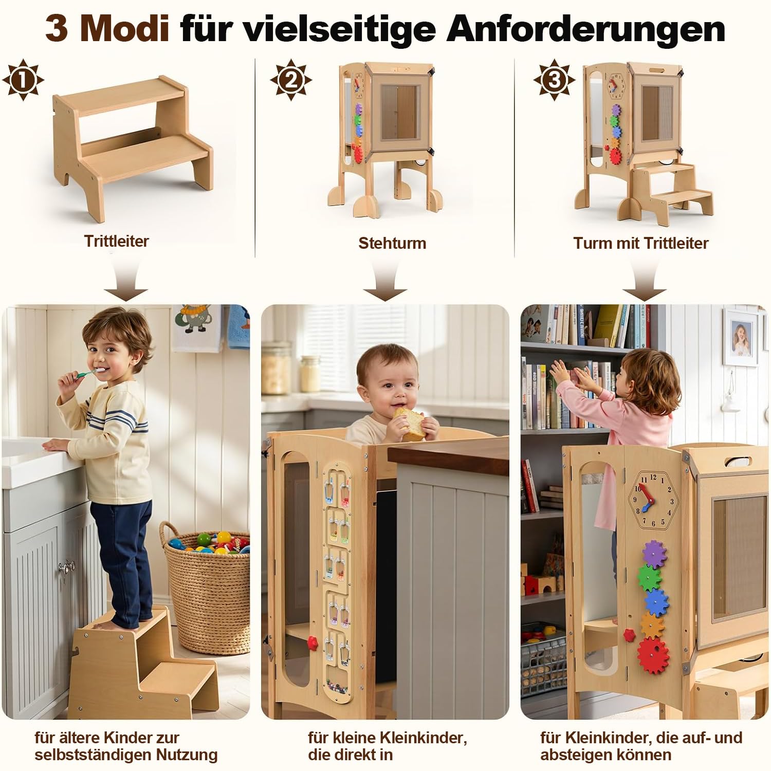 Montessoriana Torre di Apprendimento Pieghevole, Torre di Apprendimento per Bambini, Preassemblato/Salvaspazio, Altezza Regolabile Poggiapiedi Legno, Lavagna, Rete di Sicurezza, Protezione