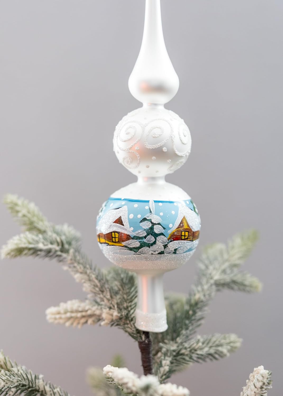 Christmas Tree Topper Spitz Glass Blown, Hand-Decorated White Embellishments (12 Inch, Silver)