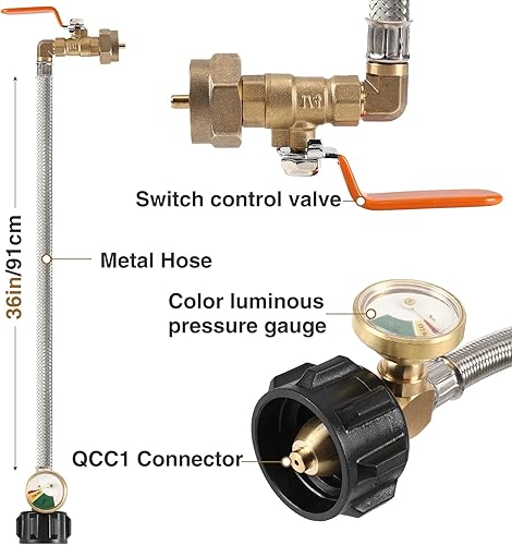 Miniatura 7 de PAMASE Manguera adaptadora de repuesto de propano para tanques de 1 libra, manguera de extensión QCC1 de 36 pulgadas con 4 tapas de latón, llena