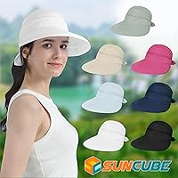 Vista 26 de SUN CUBE Sombrero de sol para mujer para protección UV al aire libre, sombrero de sol de ala ancha, cola de caballo, sombrero de playa convertible