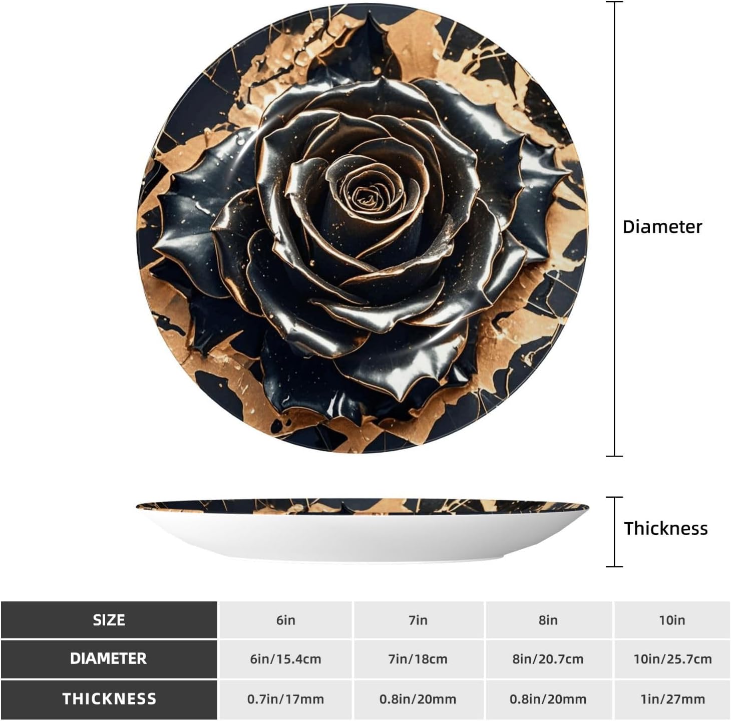 Bone China Decorative Plate with Display Black rose gold Marble Ceramic Plates Crafts Art Decor Dessert Plate Ceramic Ornament Porcelain Plates for Living Room Kitchen Table Home Decor