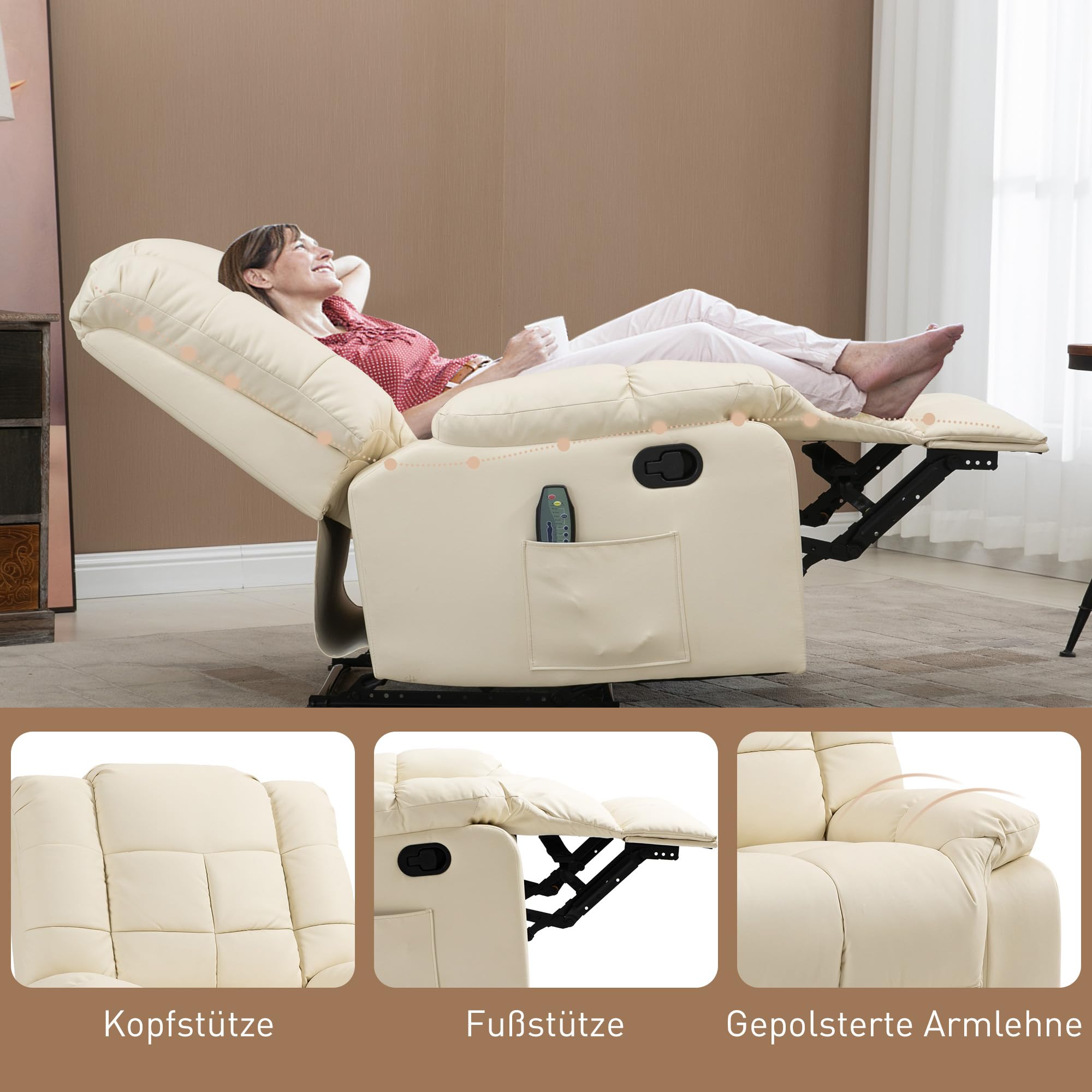 HOMCOM Relaxsessel Massagesessel mit Liegefunktion Vibration Cremeweiß | Fernsehsessel, Vibration, Seitentasche, TV Sessel, Liegesessel, Ruhesessel, Wohnzimmer